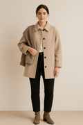 Manteau en Laine Mélangée avec Boutons et Poches