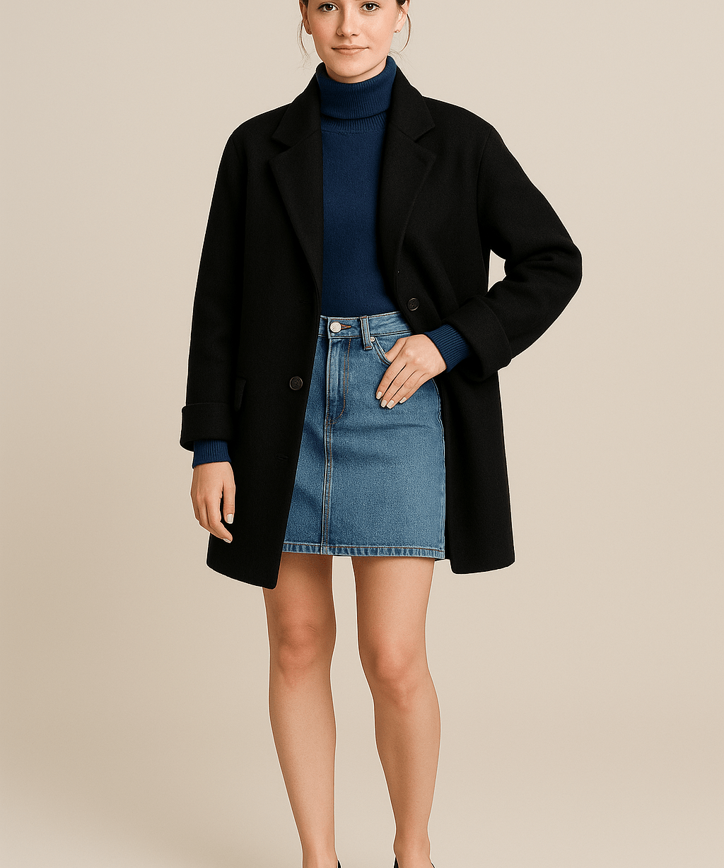 Manteau en Laine Mélangée avec Boutons et Poches