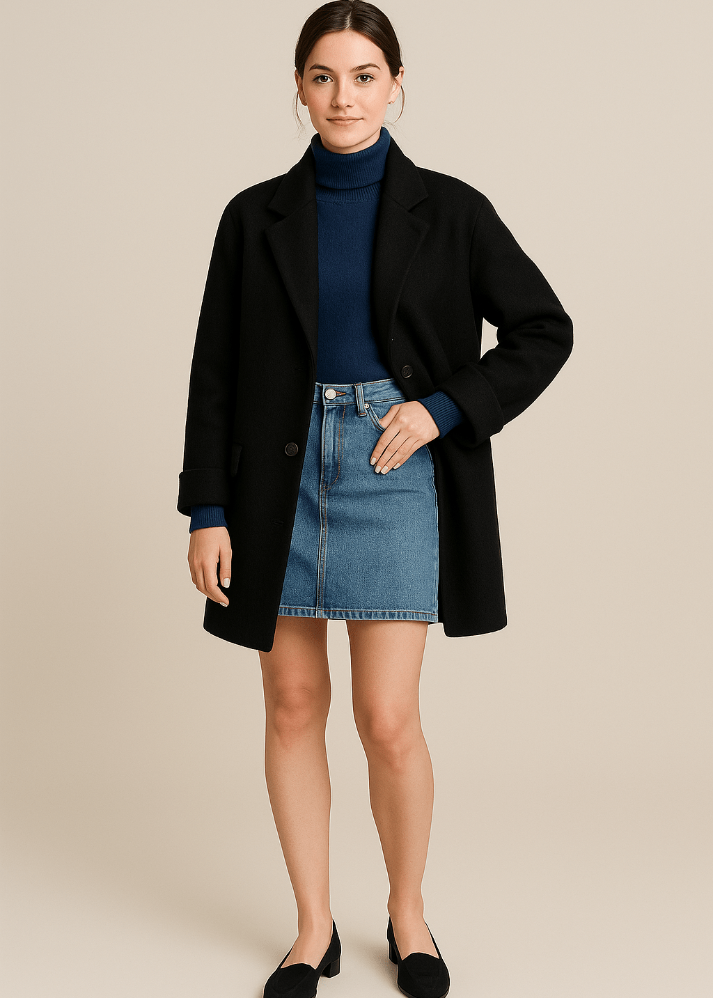 Manteau en Laine Mélangée avec Boutons et Poches
