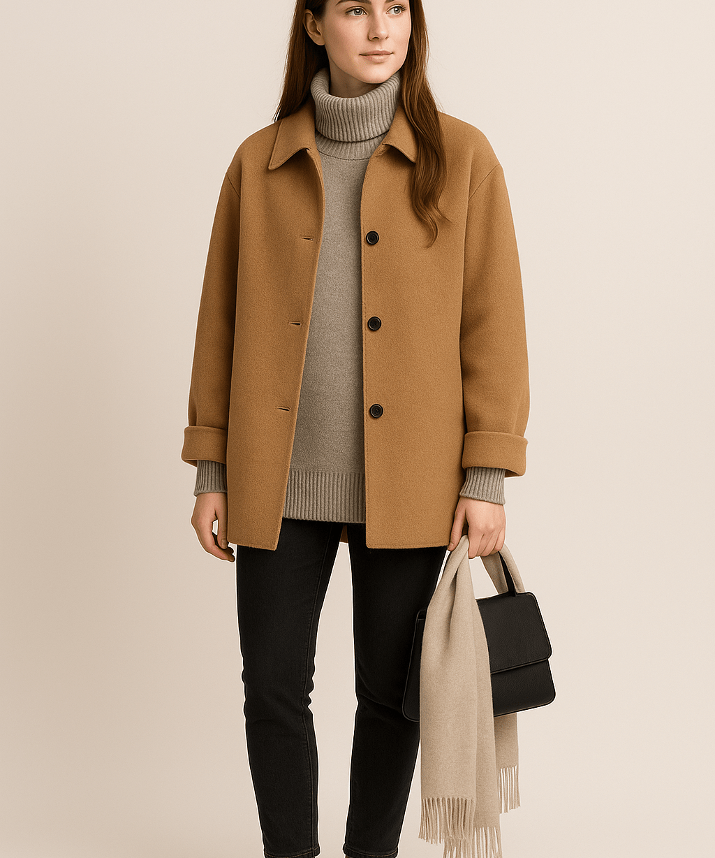 Manteau en Laine Mélangée avec Boutons et Poches