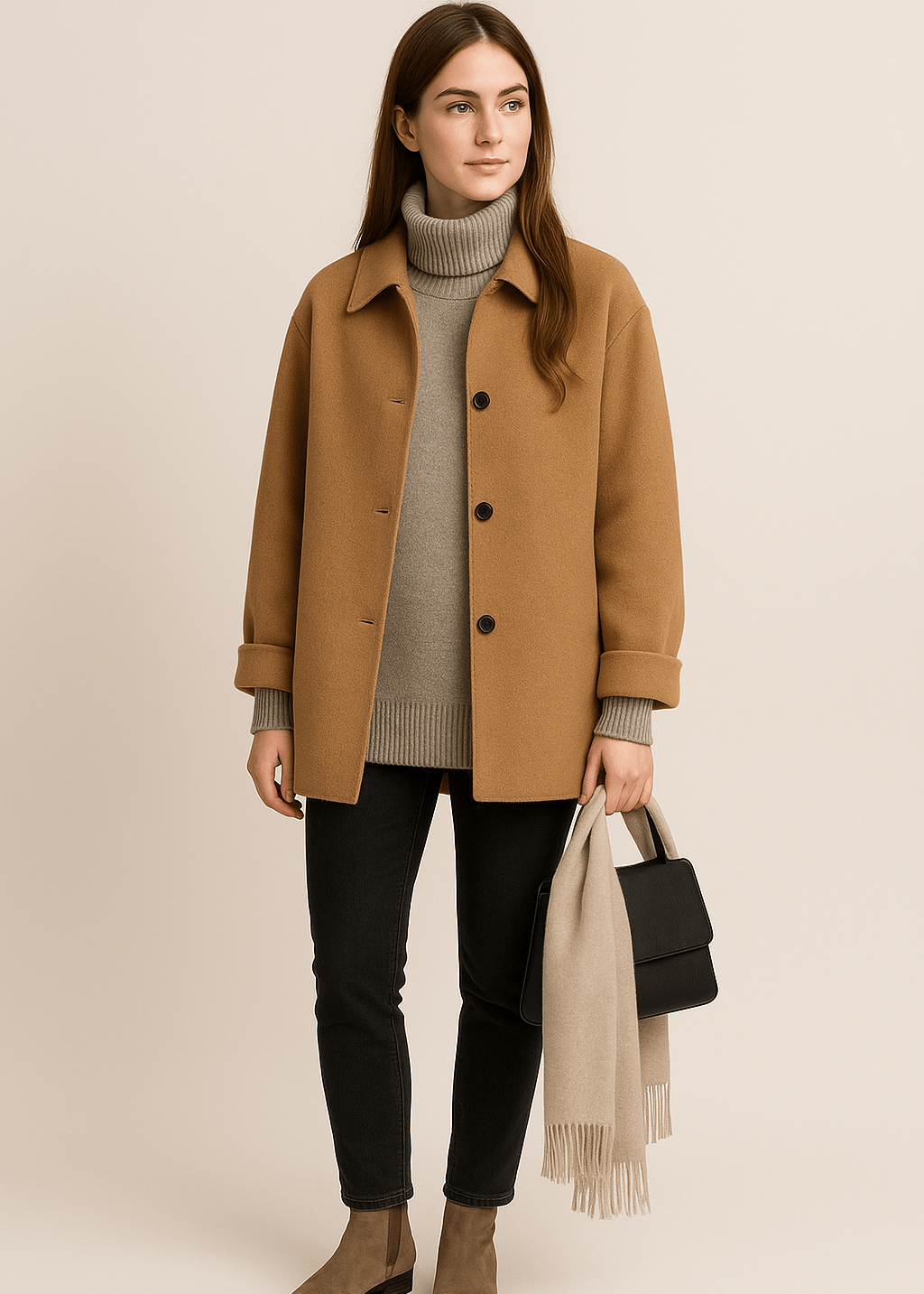 Manteau en Laine Mélangée avec Boutons et Poches