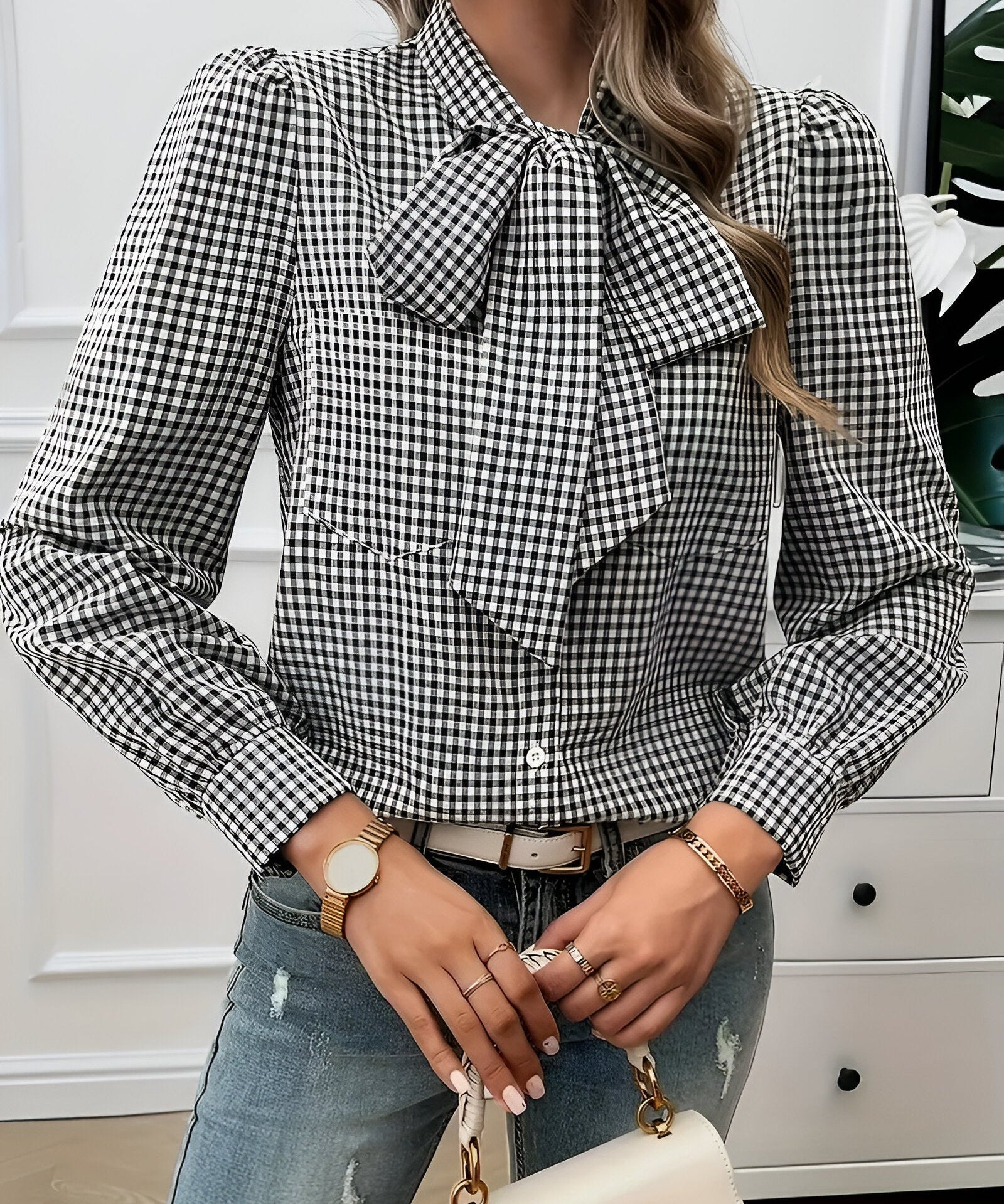 Blouse à Carreaux Élégante Femme avec Détail Nœud