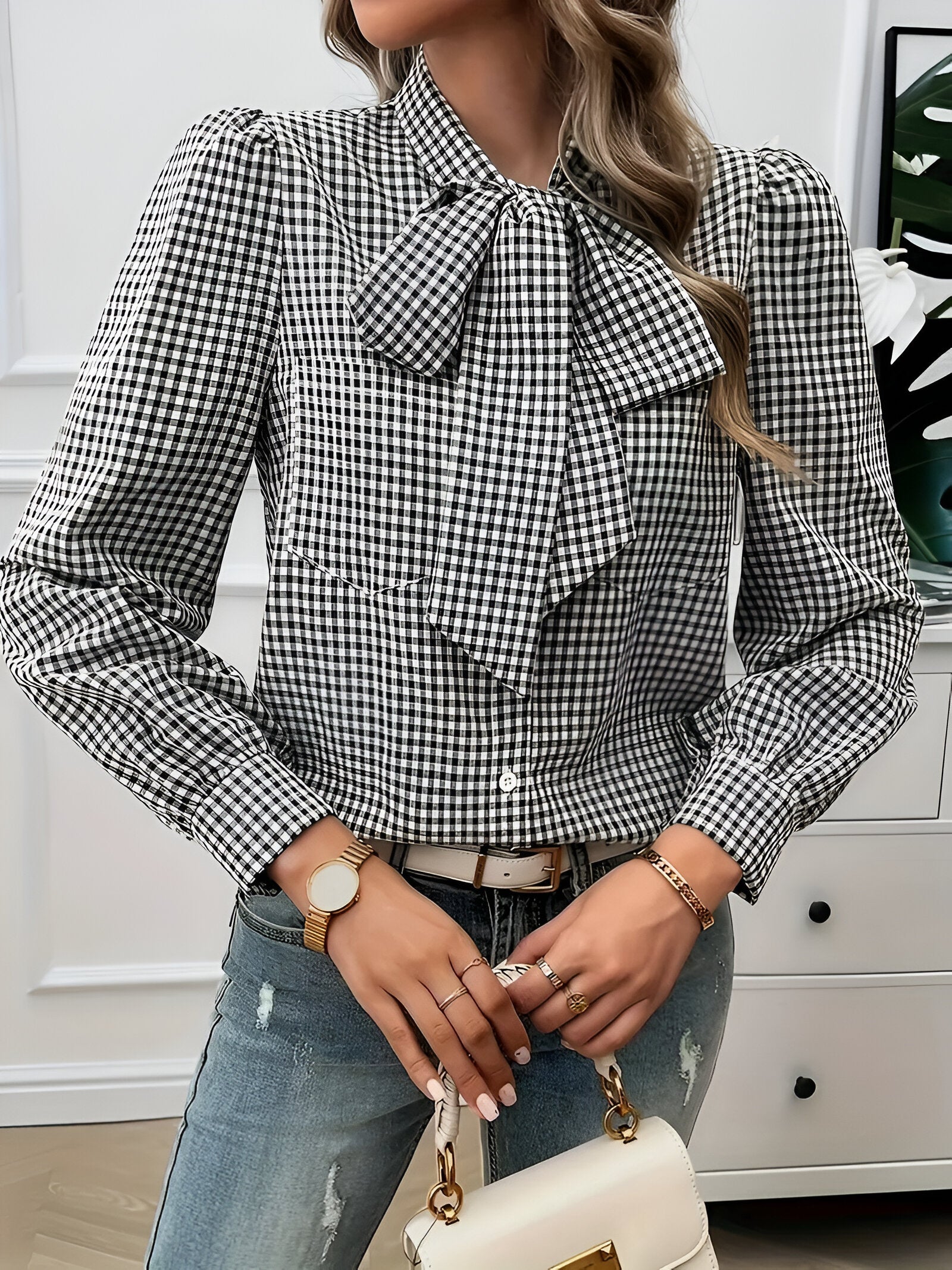 Blouse à Carreaux Élégante Femme avec Détail Nœud