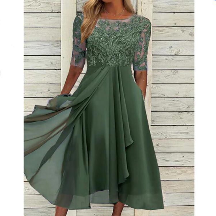 Robe midi chic en chiffon avec dentelle et manches