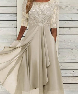 Robe midi chic en chiffon avec dentelle et manches