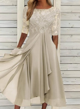 Robe midi chic en chiffon avec dentelle et manches