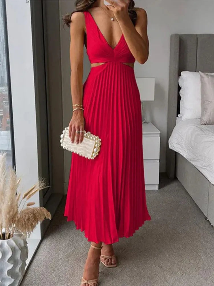Élégante Robe Maxi Femme avec Encolure en V et Jupe Plissée