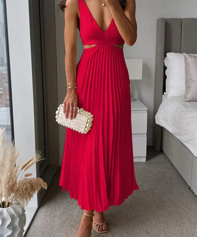 Élégante Robe Maxi Femme avec Encolure en V et Jupe Plissée