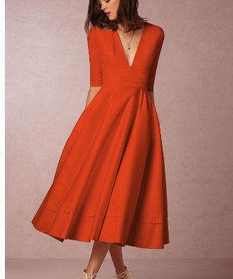 Robe miidi femme élégante – A-ligne, décolleté en V, manches 3/4
