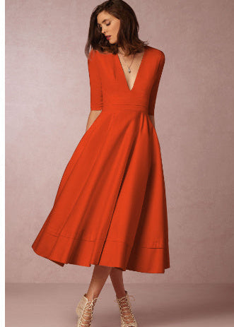 Robe miidi femme élégante – A-ligne, décolleté en V, manches 3/4