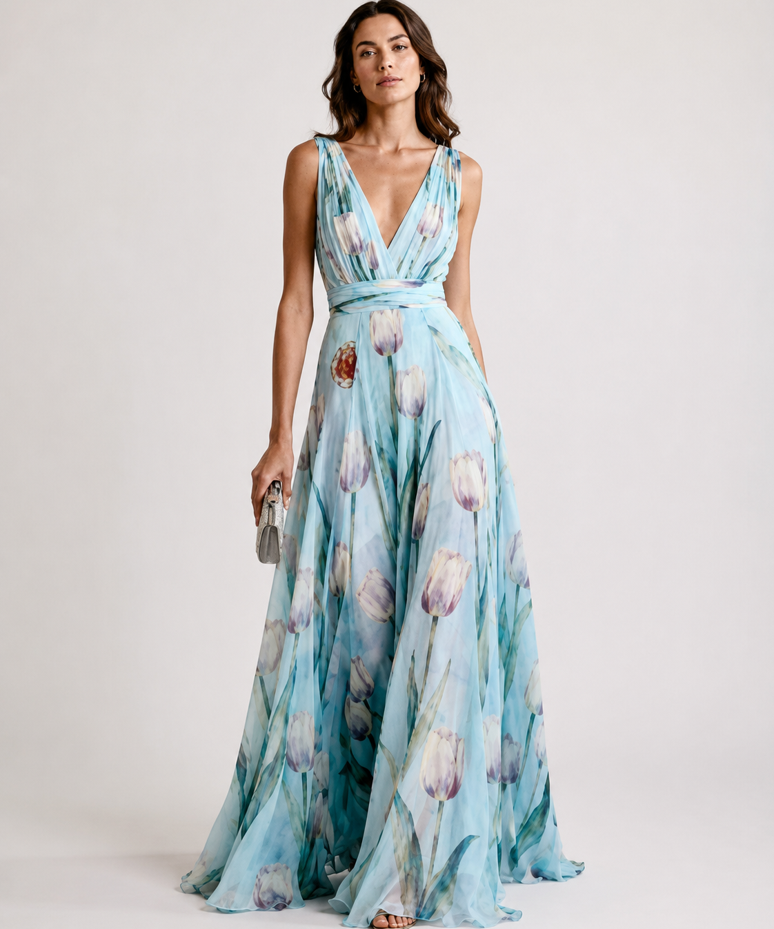 Robe longue en chiffon à motif floral – col en V, coupe A-line, pour mariage et cérémonie