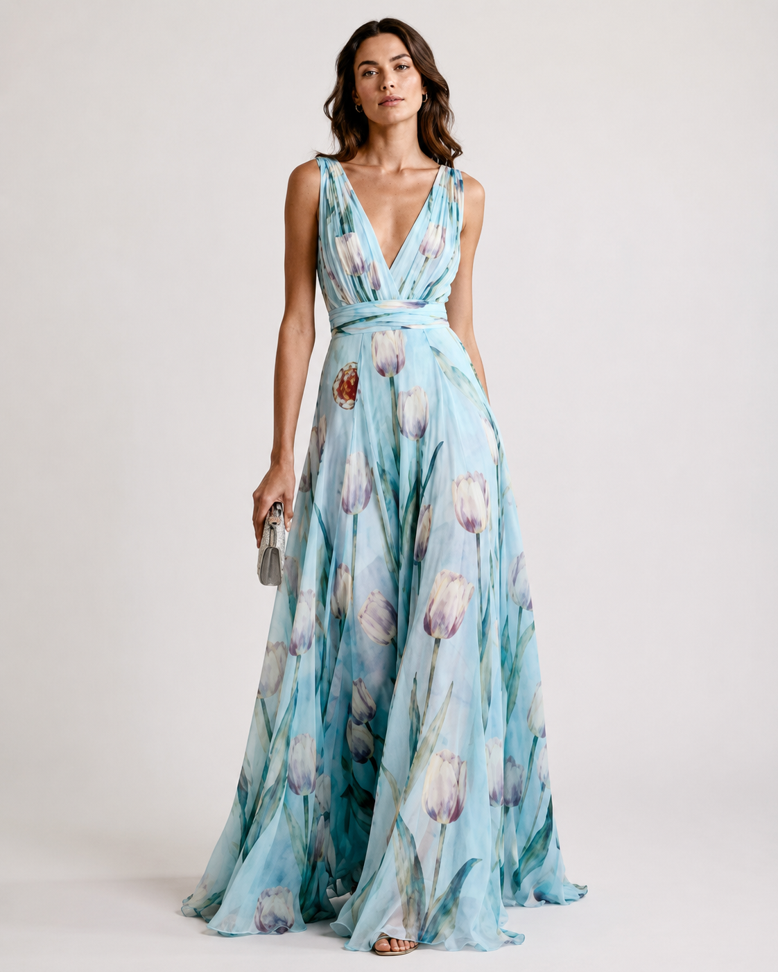 Robe longue en chiffon à motif floral – col en V, coupe A-line, pour mariage et cérémonie