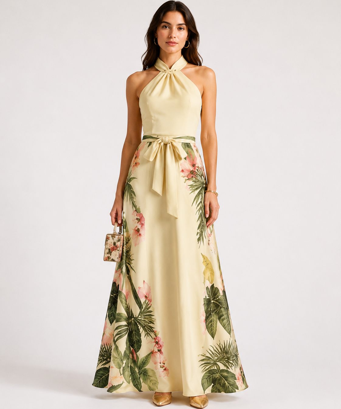 Robe longue à col halter – Taille définie, coupe fluide, pour vacances et soirées