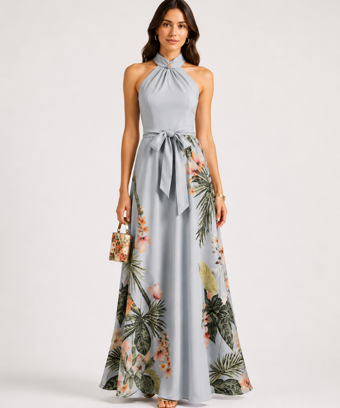 Robe longue à col halter – Taille définie, coupe fluide, pour vacances et soirées