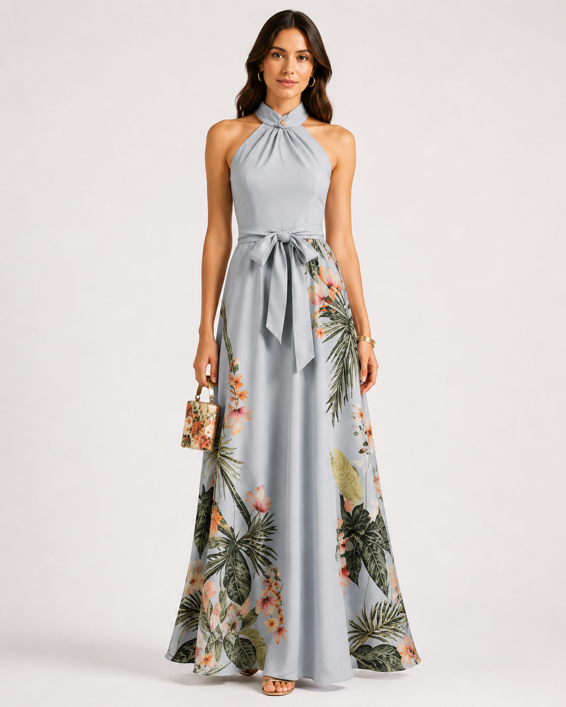 Robe longue à col halter – Taille définie, coupe fluide, pour vacances et soirées
