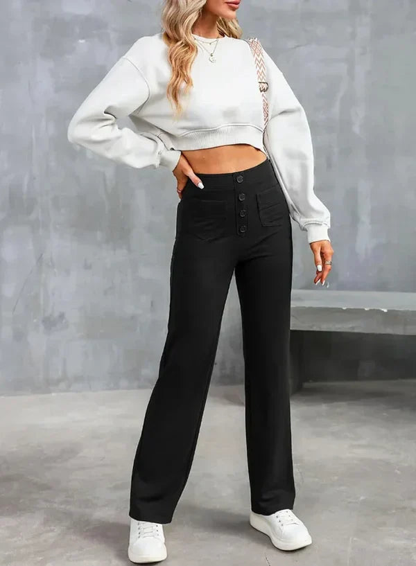 Pantalon Taille Haute Extensible pour Femme – Poches Latérales Chic