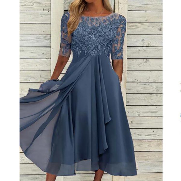 Robe midi chic en chiffon avec dentelle et manches