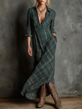 Robe Maxi à Carreaux pour Femmes avec Col Revers