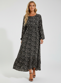 Robe Maxi Bohémienne Femme Printemps-Été, Manches Longues, Taille Haute, Chiffon Floral