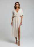 Robe Midi Portefeuille Élégante à Fente Latérale et Manches Trois-Quarts
