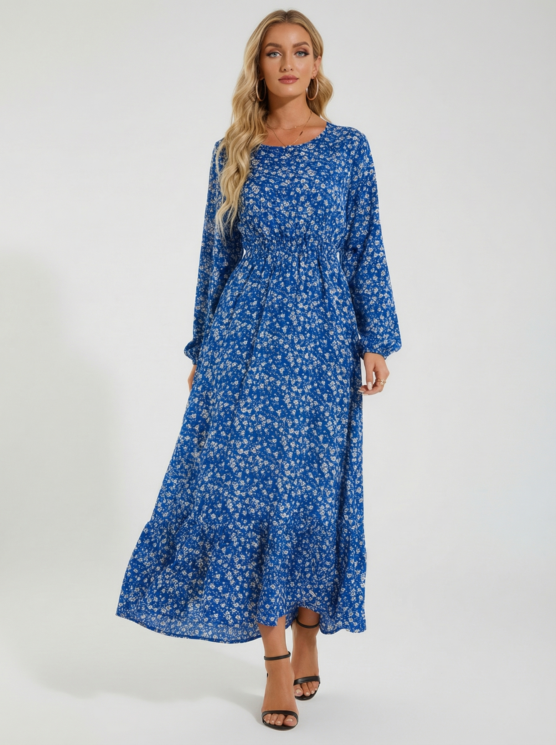 Robe Maxi Bohémienne Femme Printemps-Été, Manches Longues, Taille Haute, Chiffon Floral