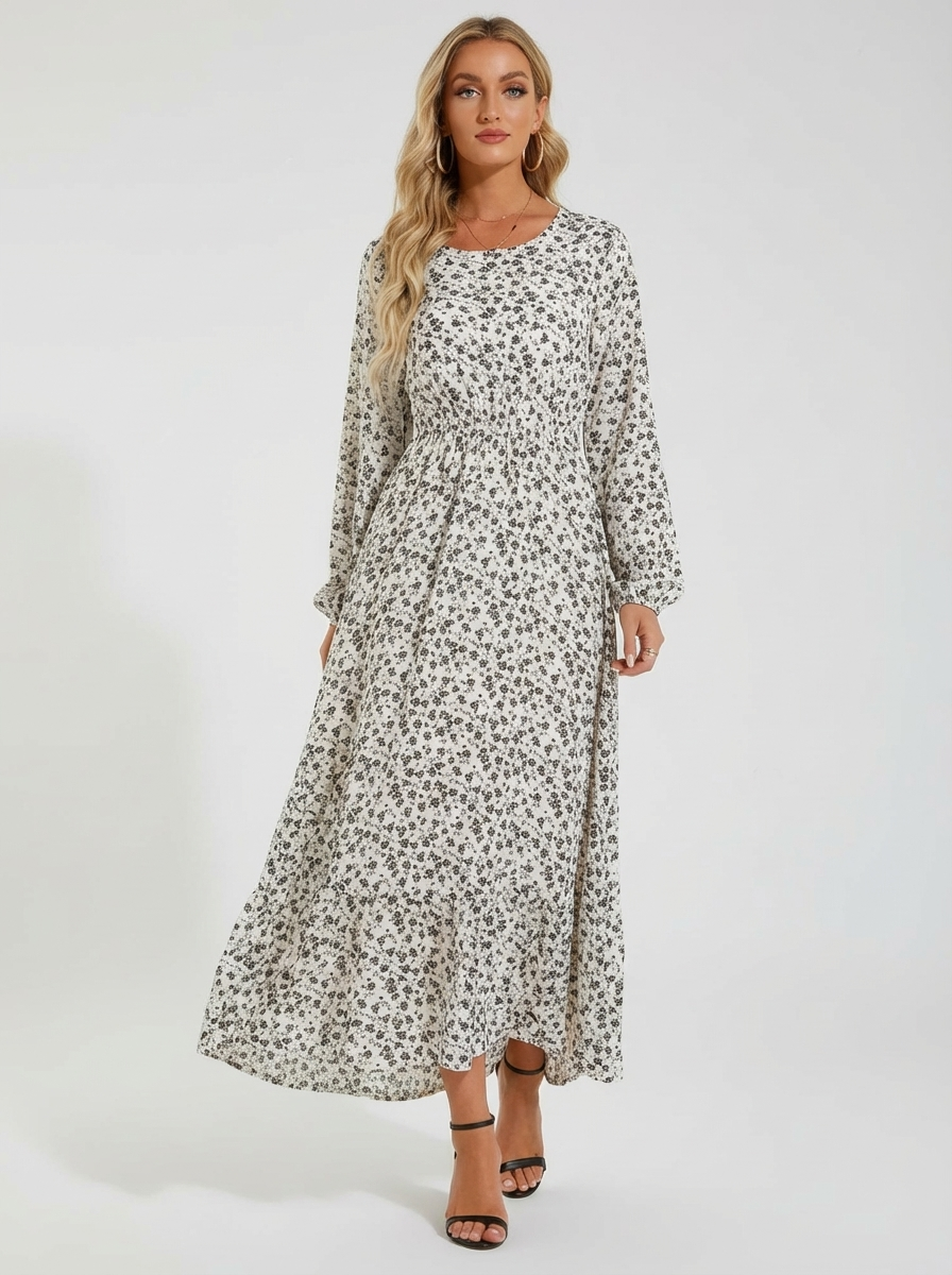 Robe Maxi Bohémienne Femme Printemps-Été, Manches Longues, Taille Haute, Chiffon Floral