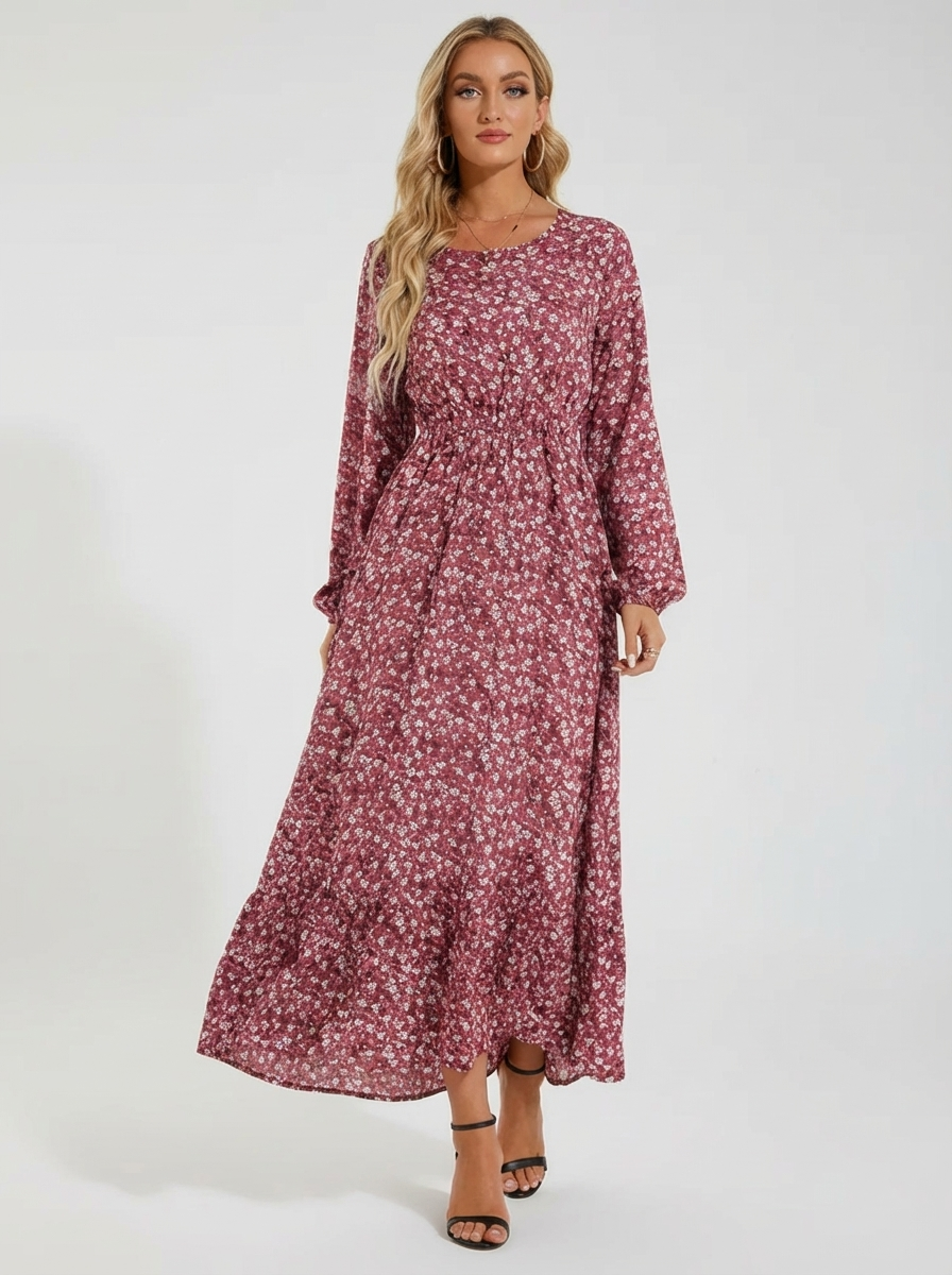 Robe Maxi Bohémienne Femme Printemps-Été, Manches Longues, Taille Haute, Chiffon Floral