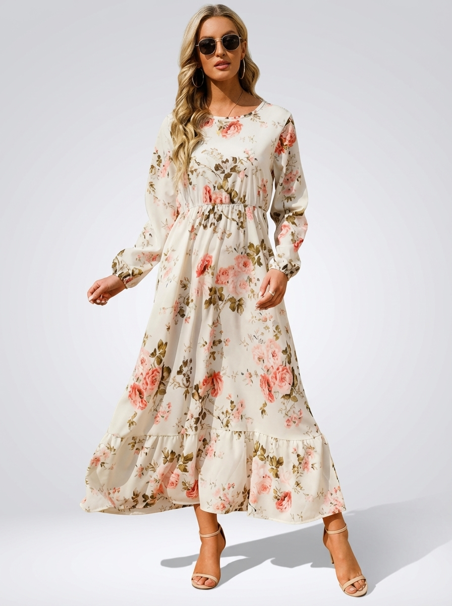 Robe Maxi Bohémienne Femme Printemps-Été, Manches Longues, Taille Haute, Chiffon Floral