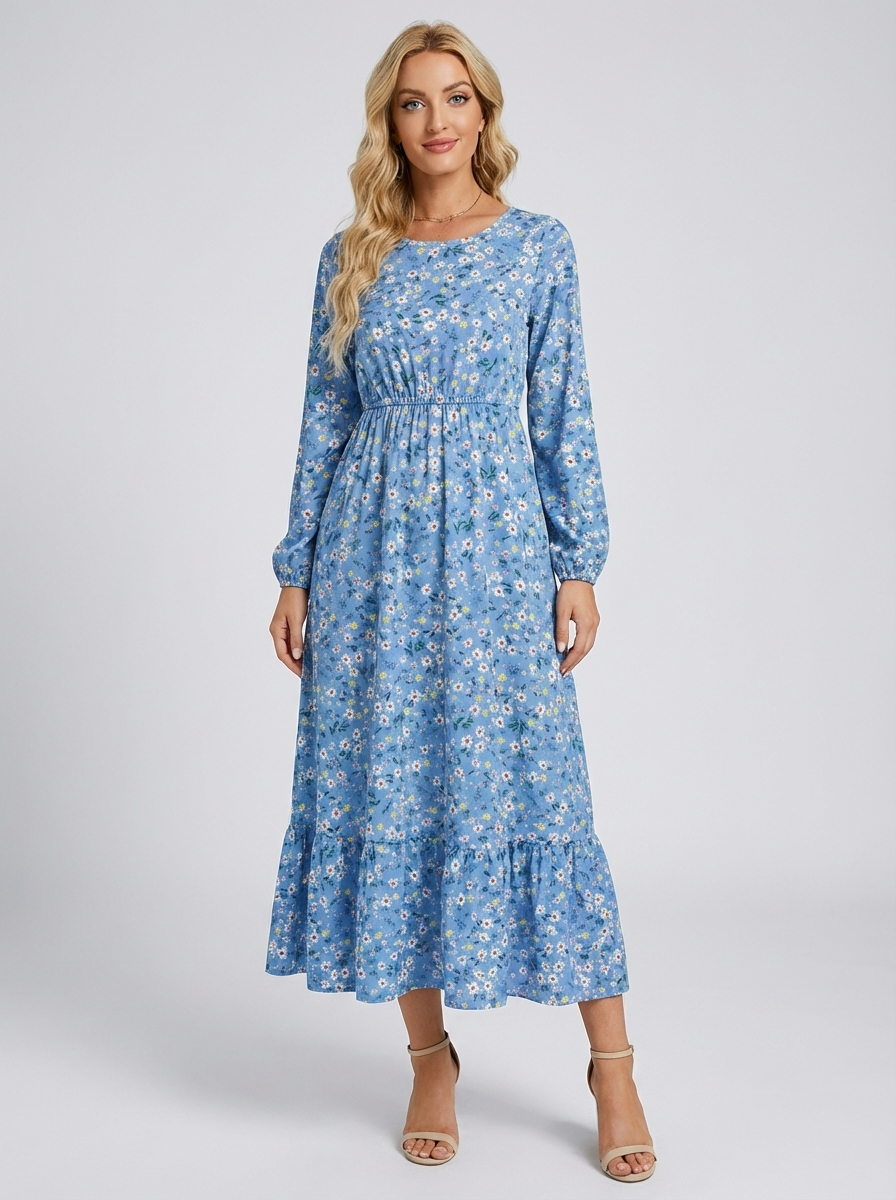 Robe Maxi Bohémienne Femme Printemps-Été, Manches Longues, Taille Haute, Chiffon Floral