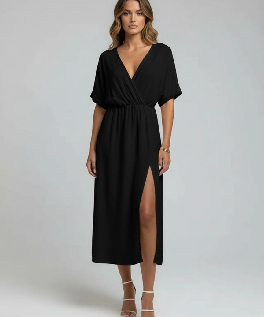 Robe Midi Portefeuille Élégante à Fente Latérale et Manches Trois-Quarts