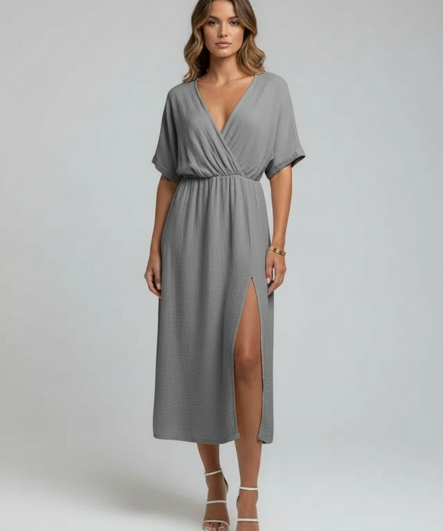 Robe Midi Portefeuille Élégante à Fente Latérale et Manches Trois-Quarts