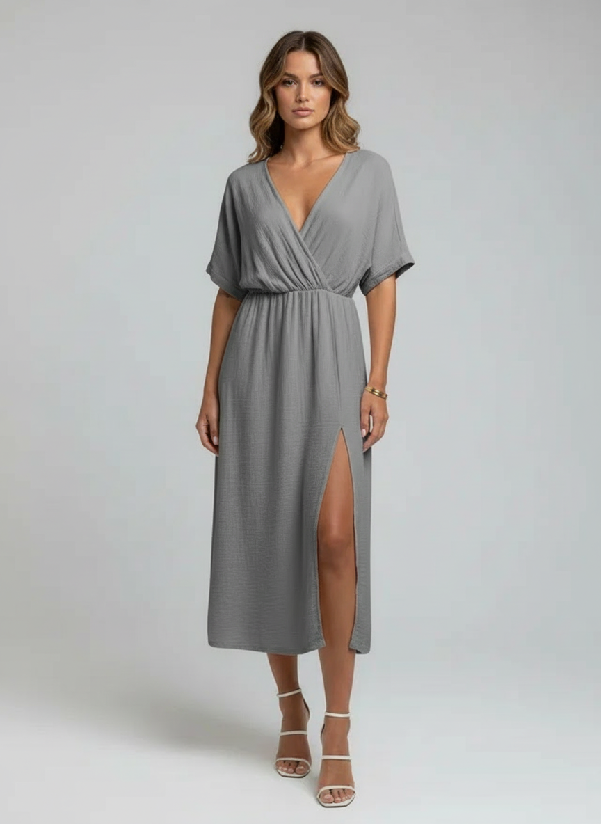 Robe Midi Portefeuille Élégante à Fente Latérale et Manches Trois-Quarts