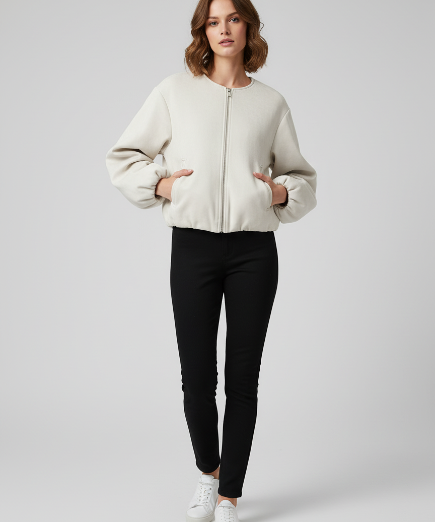 Veste Bomber Croppée en Fleece Douce Coupe Moderne
