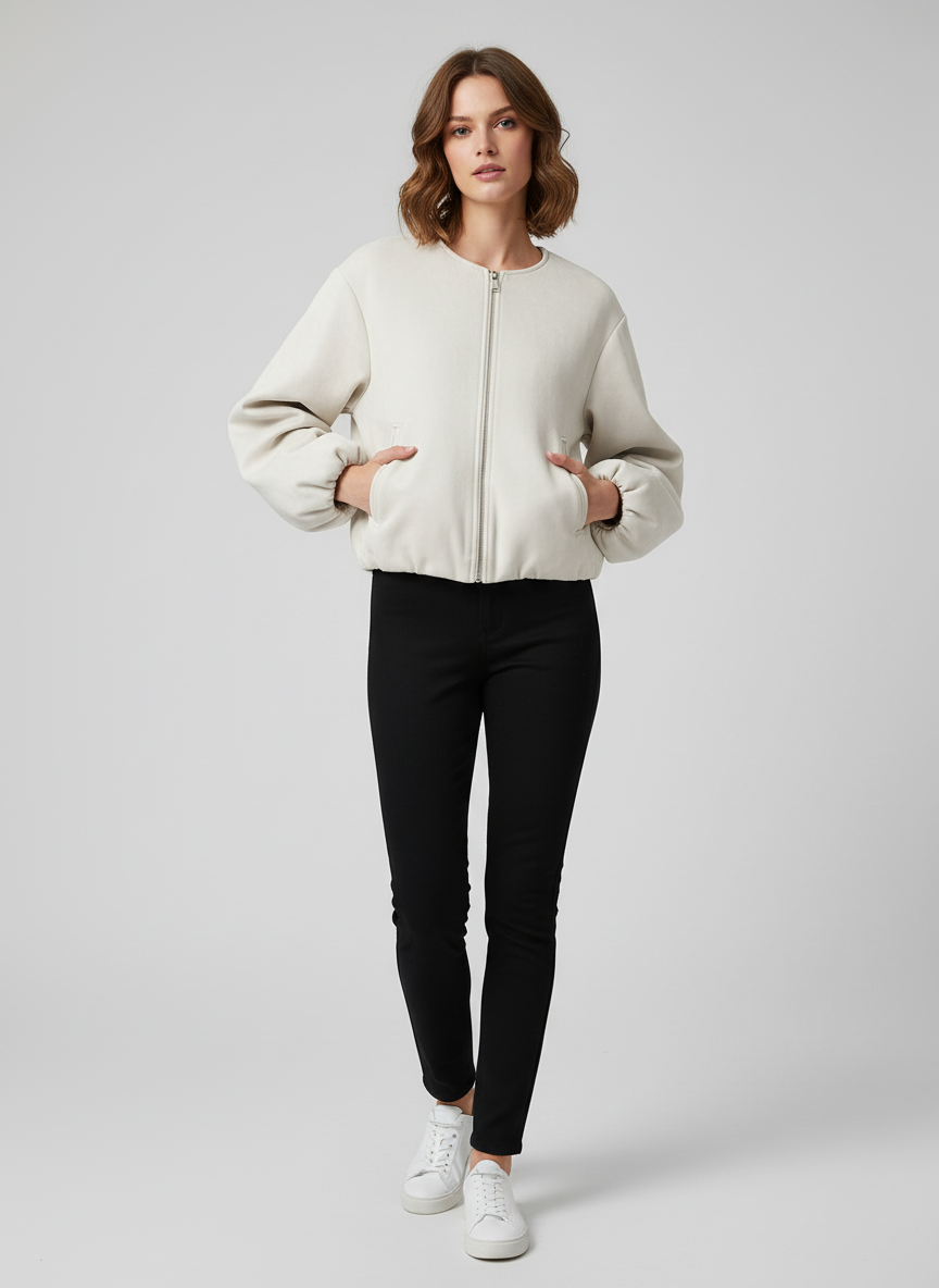 Veste Bomber Croppée en Fleece Douce Coupe Moderne