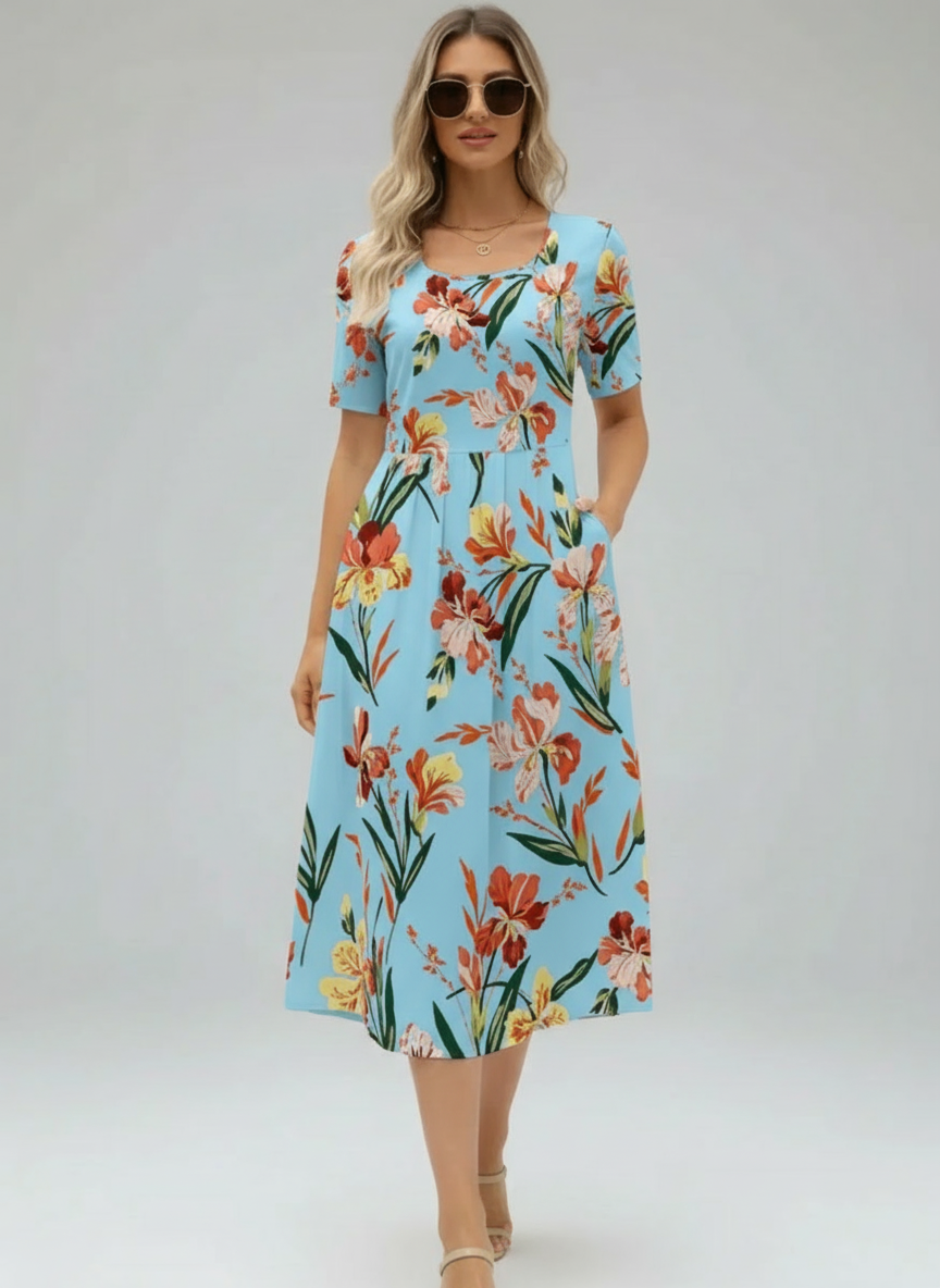 Robe d’été imprimée manches courtes fluide et chic