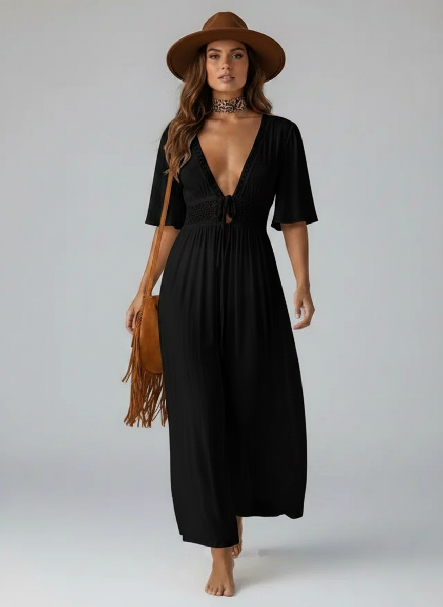 Robe de plage bohème fluide à col V plongeant
