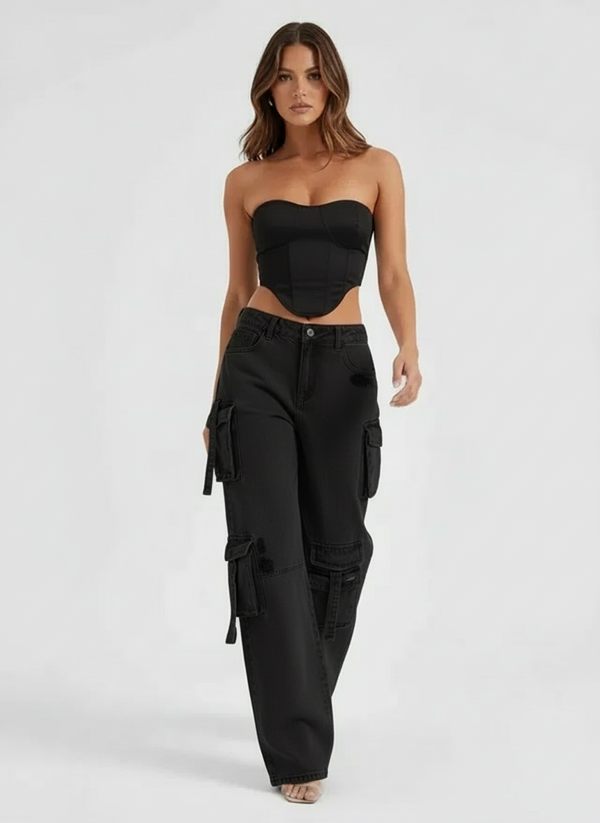 Ensemble denim deux pièces style cargo à corset structuré