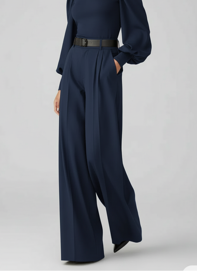 Pantalon large taille haute à plis silhouette fluide