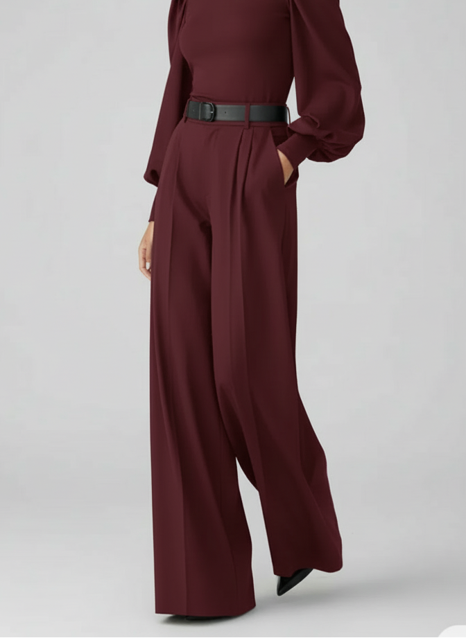 Pantalon large taille haute à plis silhouette fluide