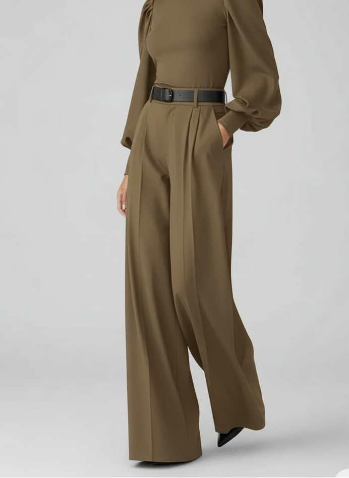 Pantalon large taille haute à plis silhouette fluide