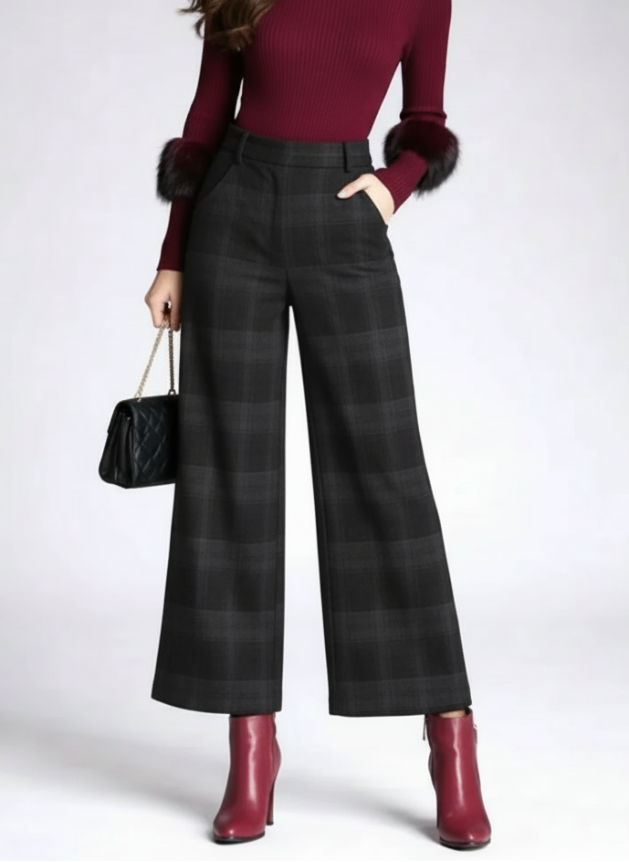 Pantalon taille haute à carreaux look moderne