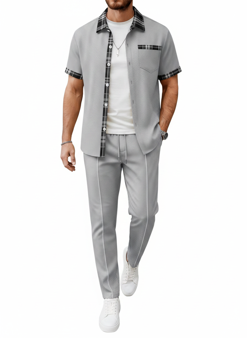 Ensemble chemise texturée carreaux pantalon