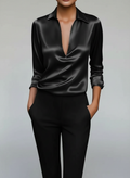 Blouse Satinée à Col V - Haut Élégant Effet Soyeux