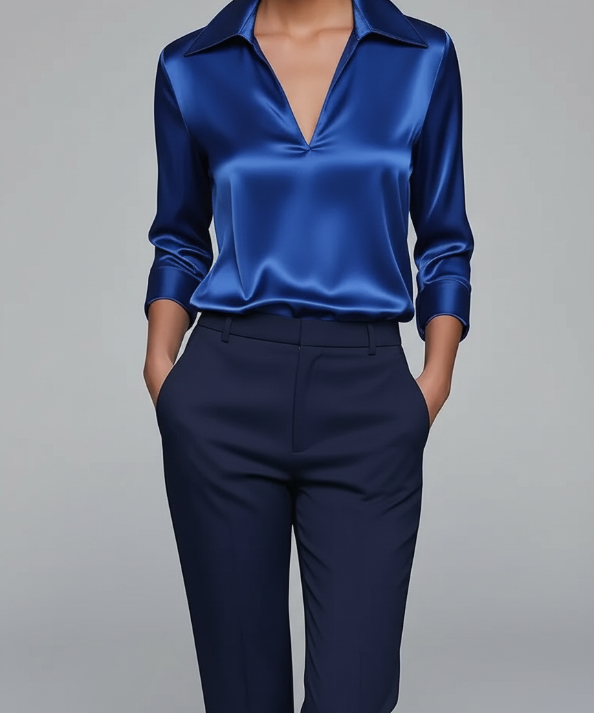 Blouse Satinée à Col V - Haut Élégant Effet Soyeux