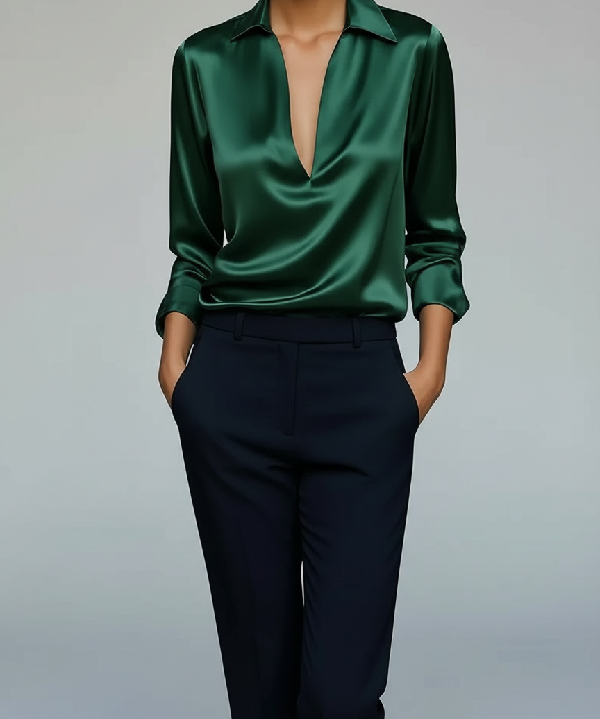 Blouse Satinée à Col V - Haut Élégant Effet Soyeux