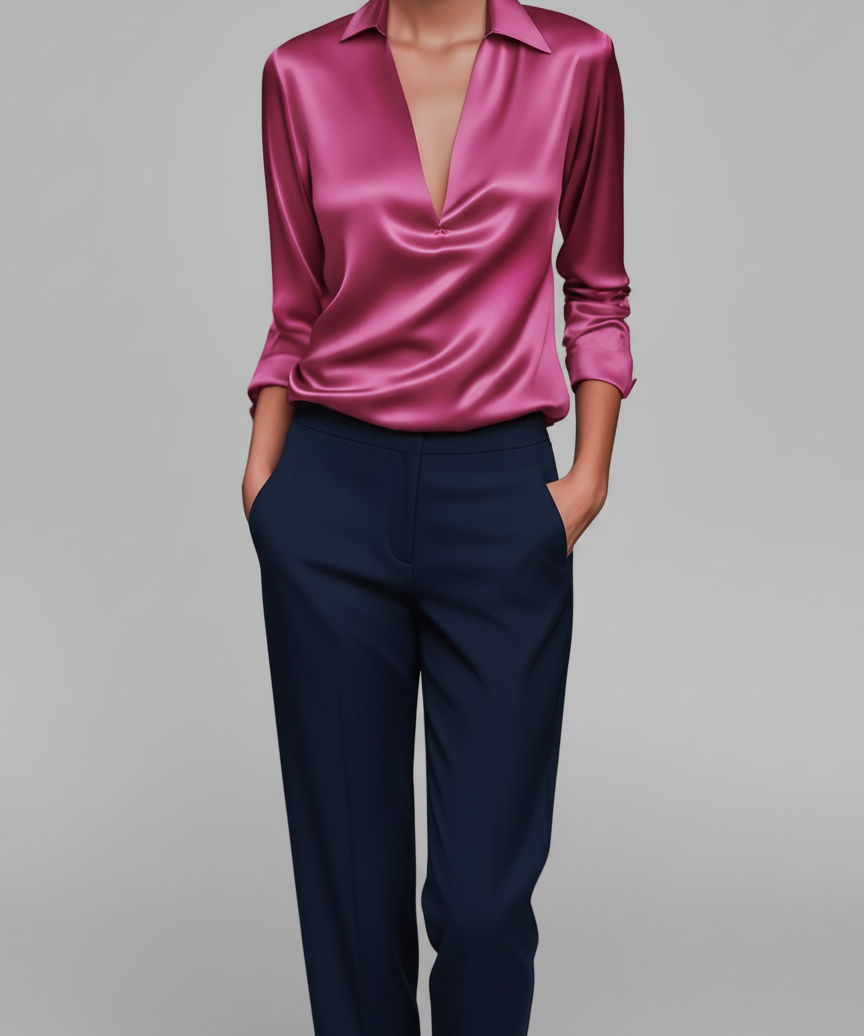 Blouse Satinée à Col V - Haut Élégant Effet Soyeux