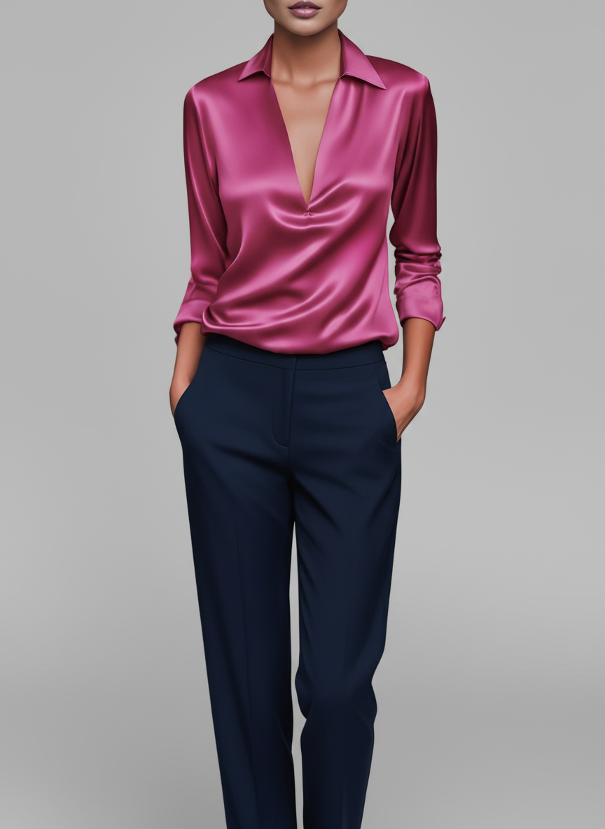 Blouse Satinée à Col V - Haut Élégant Effet Soyeux