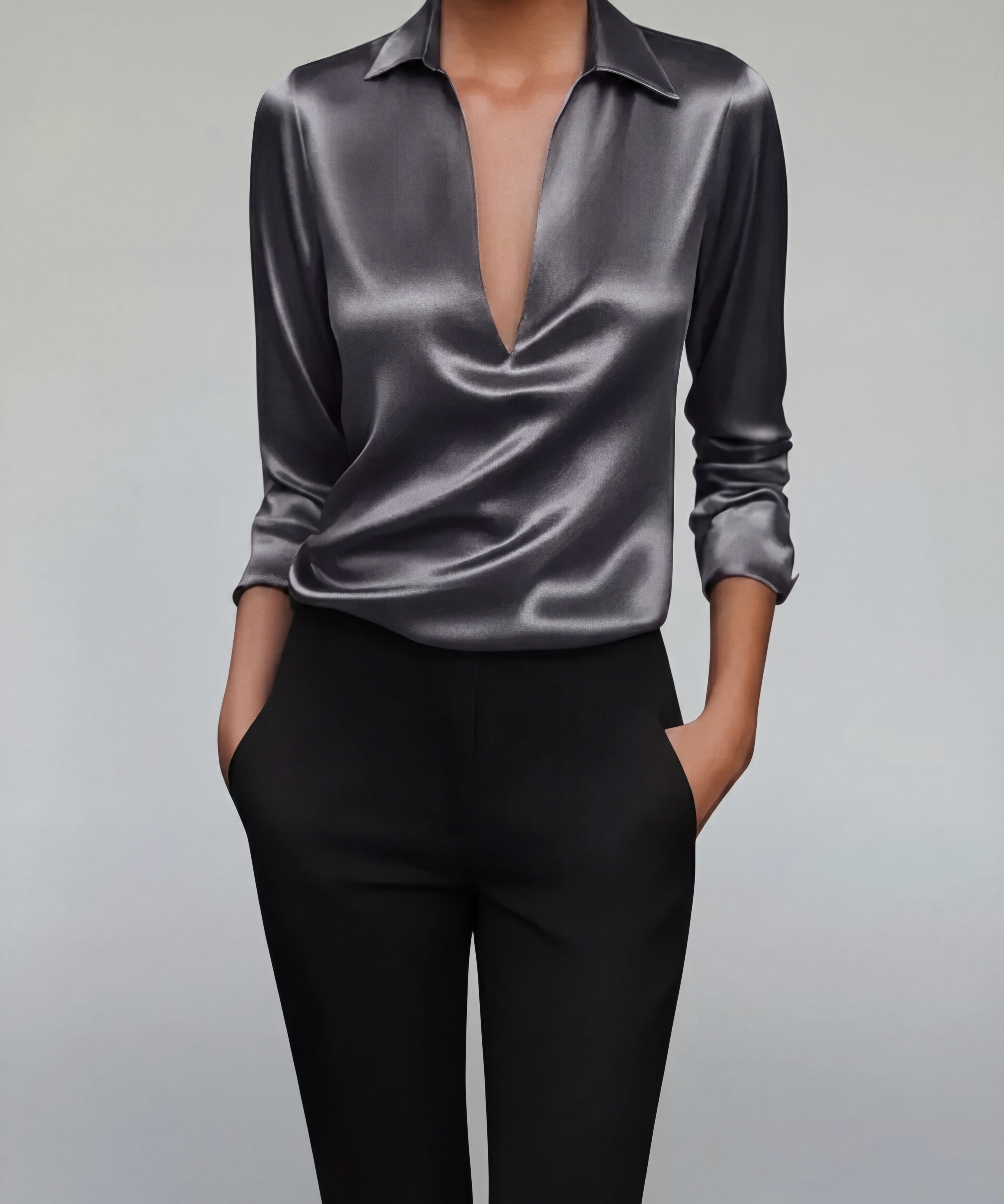 Blouse Satinée à Col V - Haut Élégant Effet Soyeux