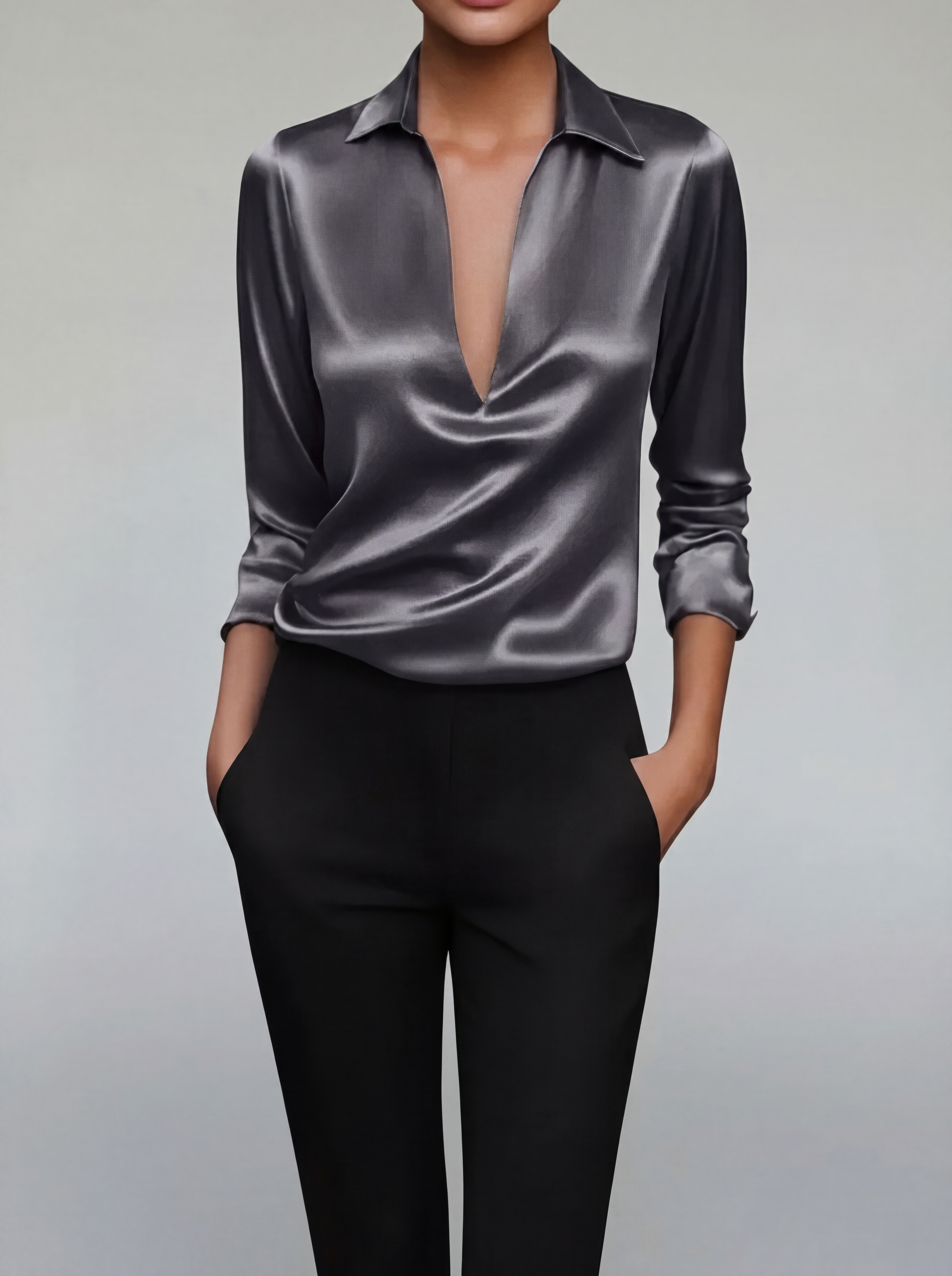 Blouse Satinée à Col V - Haut Élégant Effet Soyeux