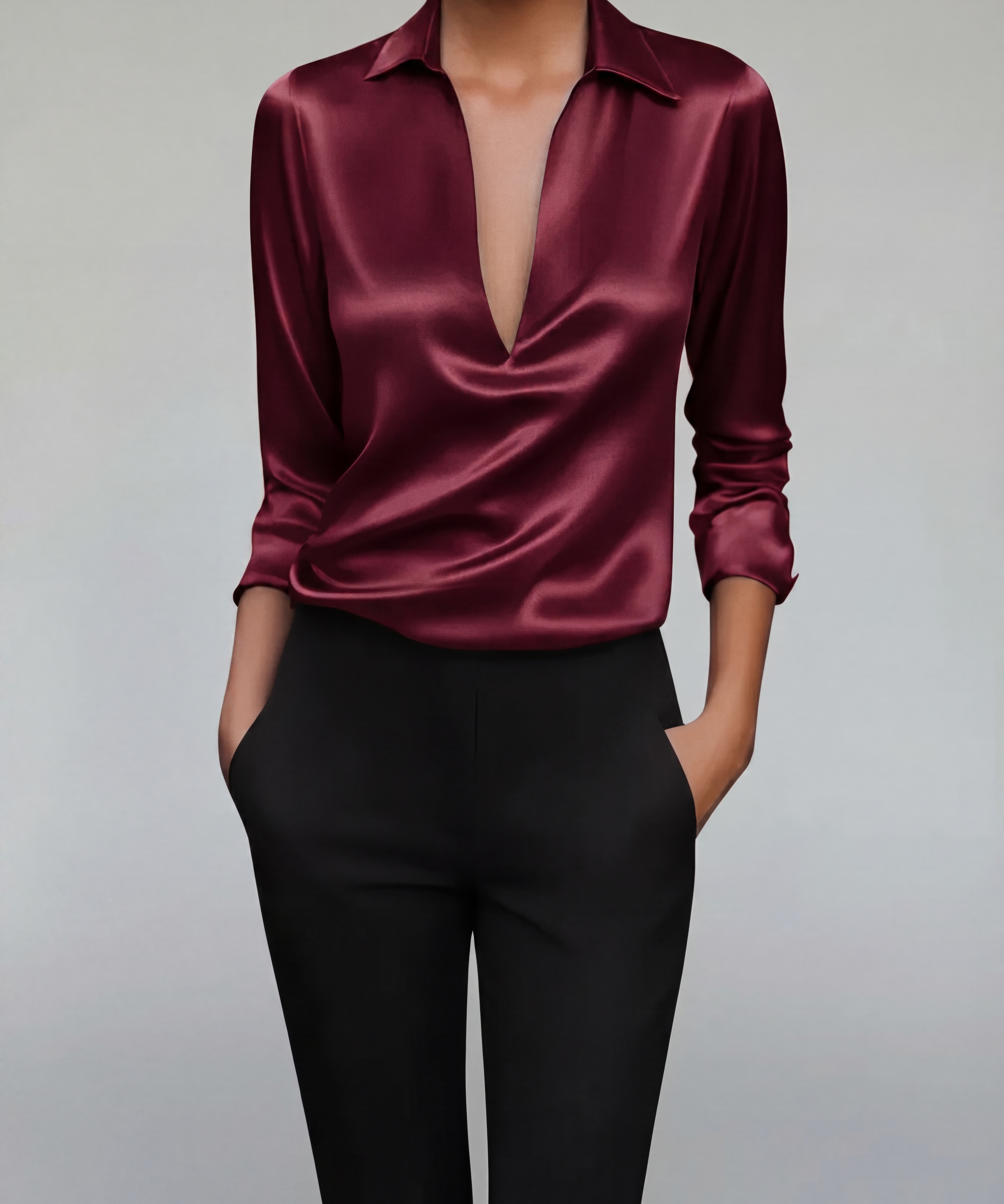 Blouse Satinée à Col V - Haut Élégant Effet Soyeux
